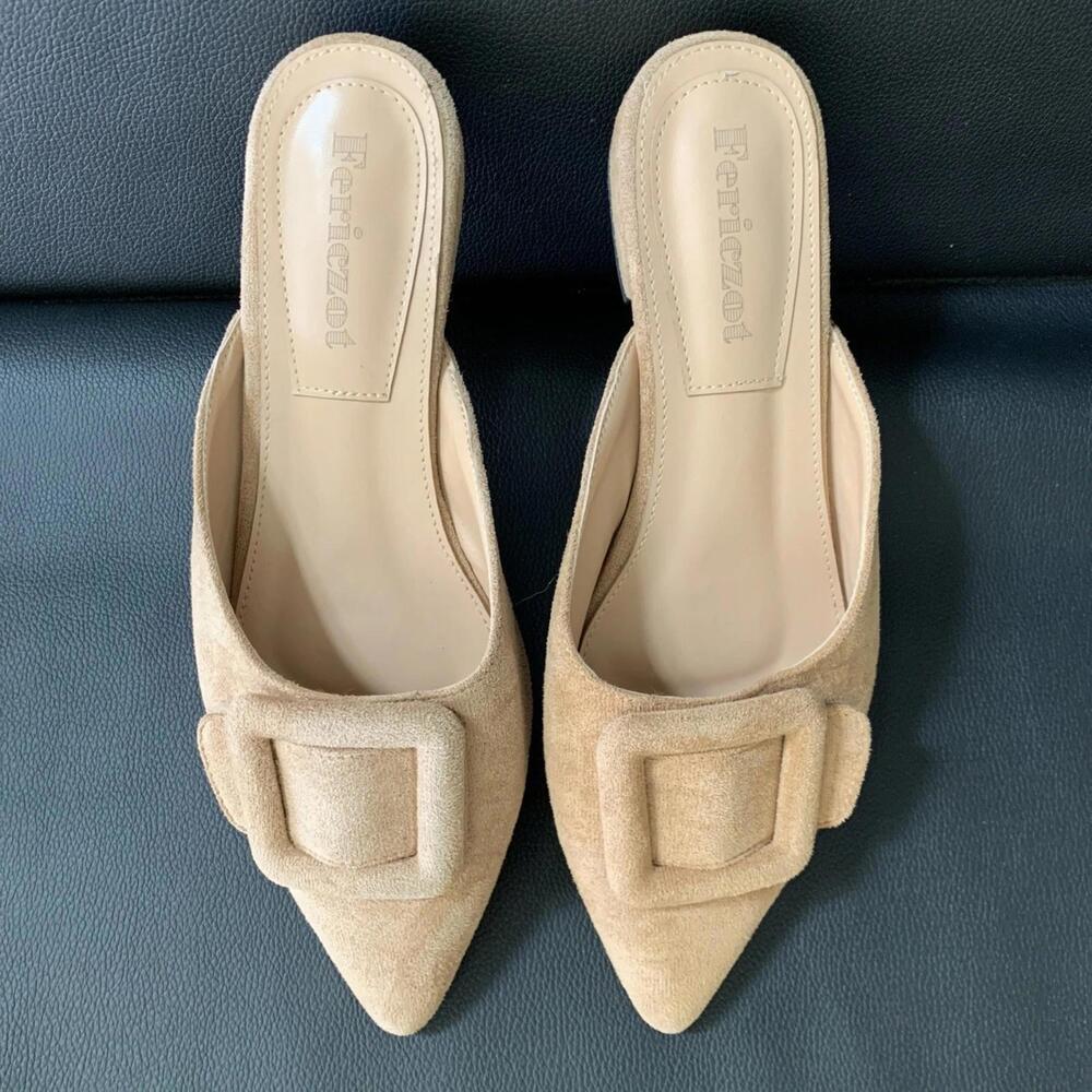 Fericzot Mule Pointed Toe Shoes Flats Womens Sz 8 Buckle Slide Tan Brown